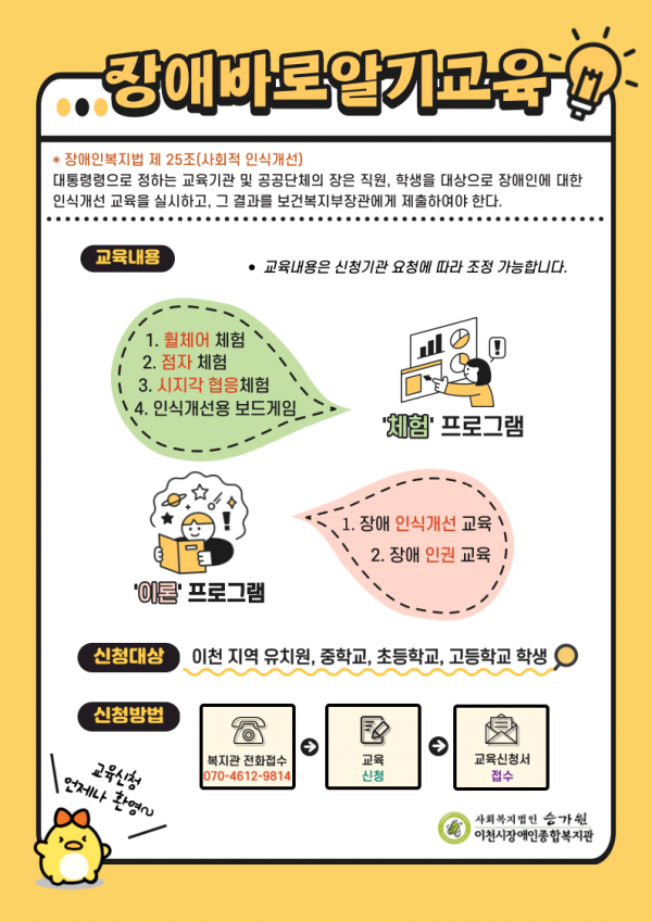 장애바로알기교육 장애인복지법 제25조(사회적 인식개선) 대통령령으로 정하는 교육기관 및 공공단체의 장은 직원, 학생을 대상으로 장애인에 대한 인식개선 교육을 실시하고, 그 결과를 보건복지부장관에게 제출하여야 한다. 교육내용 *교육내용은 신청기관 요청에 따라 조정 가능합니다.체험 프로그램 1. 휠체어 체험 2, 점자 체험 3. 시지각 협응체험 4. 인식개선용 보드게임 이론 프로그램 1. 장애 인식개선 교육 2. 장애 인권 교육 신청대상 이천 지역 유치원, 중학교, 초등학교, 고등학교 학생 신청 방법 복지관 전화접수 070-4612-9814 교육신청 교육신청서 접수 교육신청 언제나 환영~ 사회복지법인 승가원 이천시장애인종합복지관