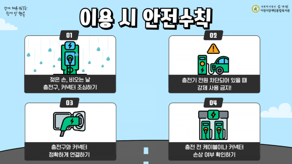 함께 해온 15걸음, 함께 할 행복 사회복지법인 승가원 이천시장애인종합복지관 01 젖은 손, 비오는 날 충전구, 커넥터 조심하기 02 충전기 전원 차단되어 있을 때 강제 사용 금지! 03 충전구와 커넥터 정확하게 연결하기 04 충전 전 케이블이나 커넥터 손상 여부 확인하기